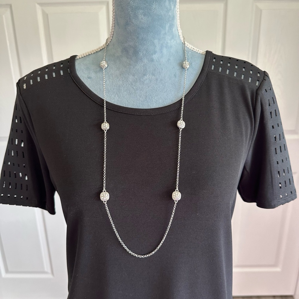 Women NWOT Rhinestone Pewter Bead Silver Tone Long Two Sided Station Necklace